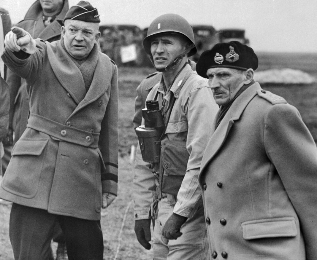 Eisenhower and Montgomery on the battlefield with a soldier