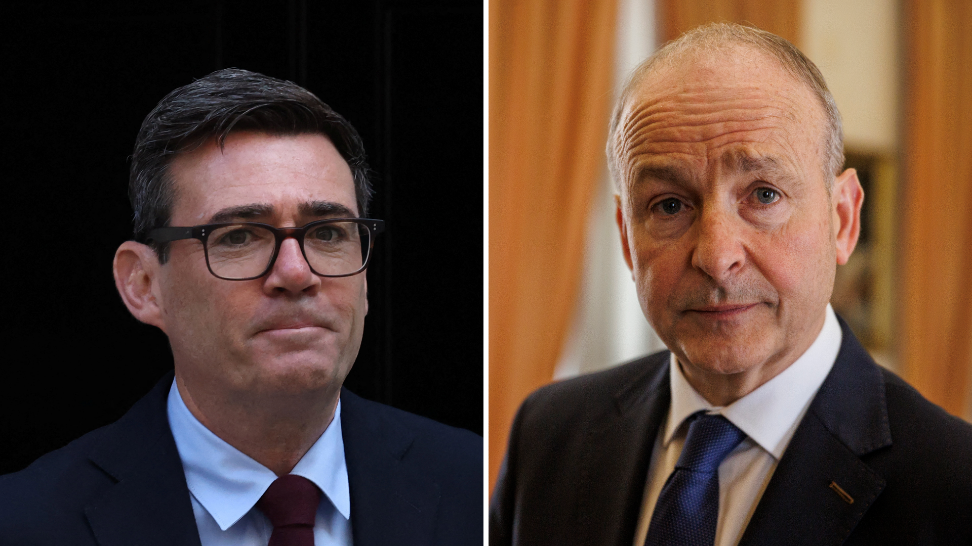 Andy Burnham and Micheal Martin. On the left, Burnham is wearing a suit and glasses in front of a dark background. On the right, Martin is wearing a suit, with large orange curtains behind him.