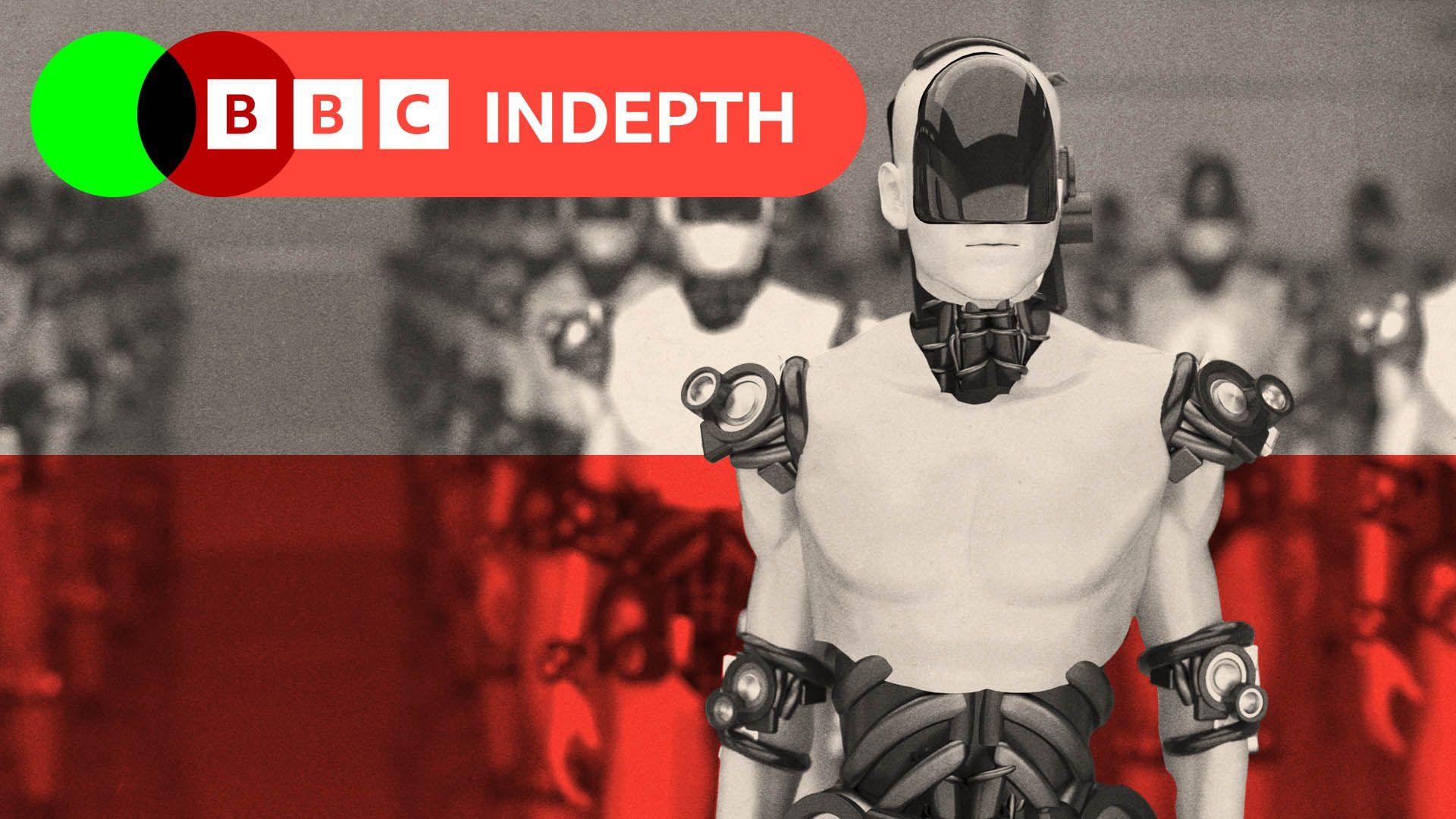 A human like robot figure with a line of robots behind him. The bottom half of the image is treated with a red glaze and the top is black and white