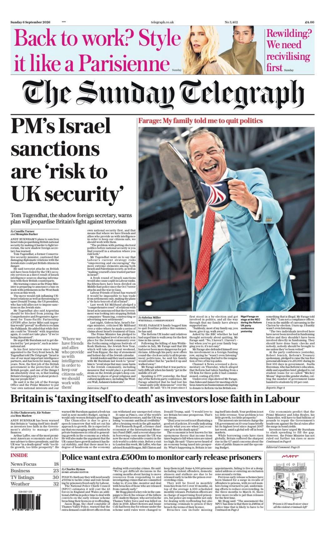 The headline on the front page of the Sunday Telegraph reads: “PM's Israel sanctions are 'risk to UK security'”.