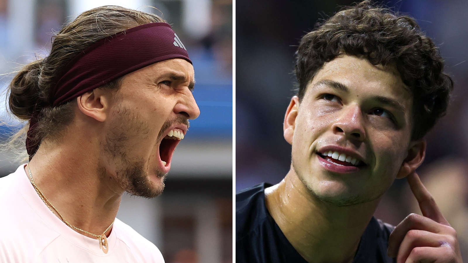 Split picture of Alexander Zverev, who has his mouth wide open in an emotive expression, and Ben Shelton, who is smiling and has a finger raised to his left ear
