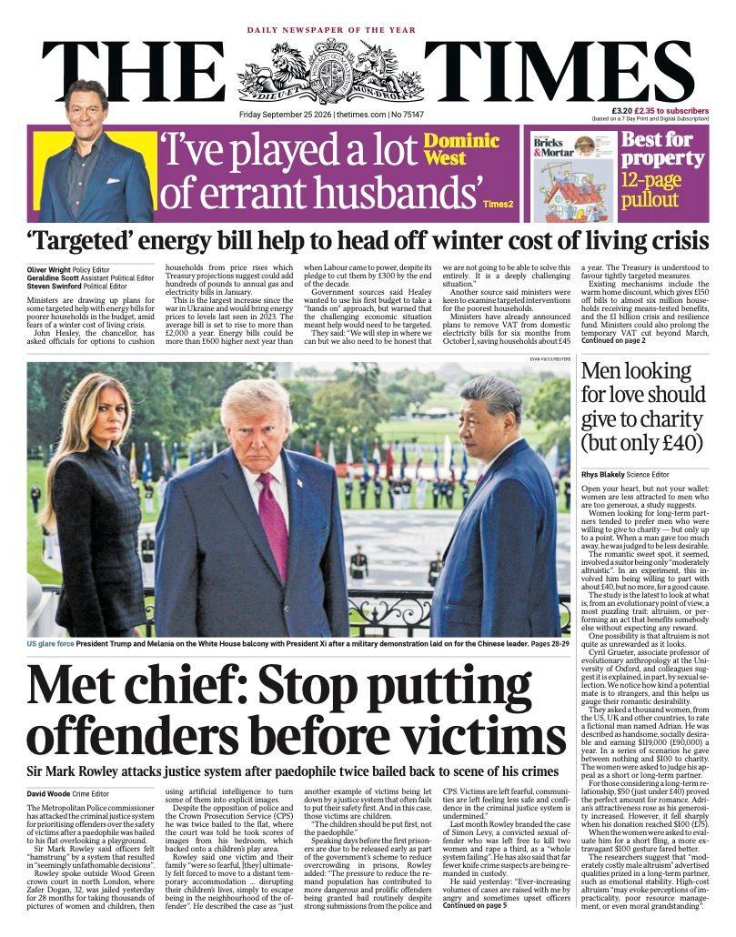 The headline on the front page of the Times reads: “Met chief: Stop putting offenders before victims”.