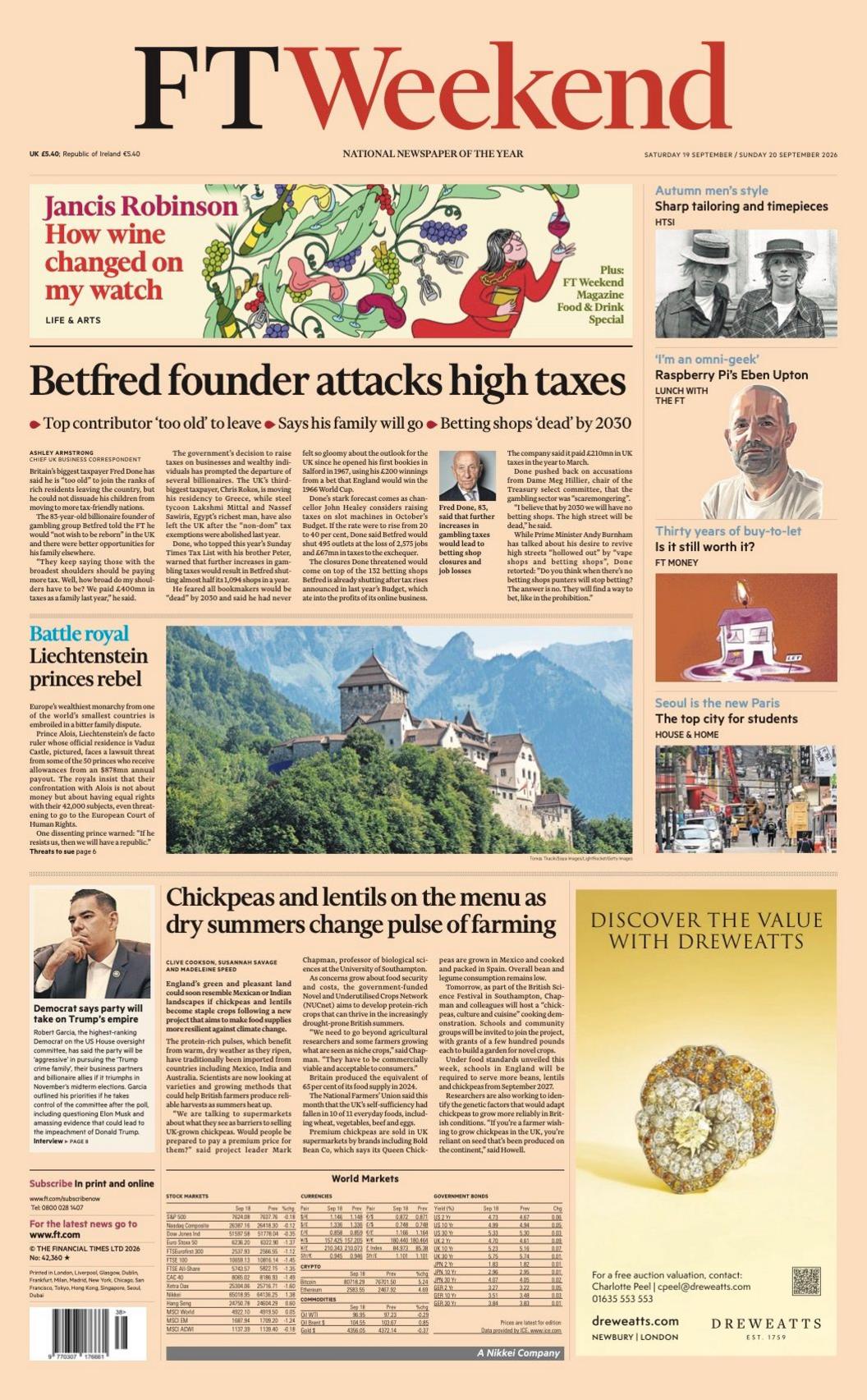 "Betfred founder attacks high taxes" reads the headline on the front page of the Financial Times.