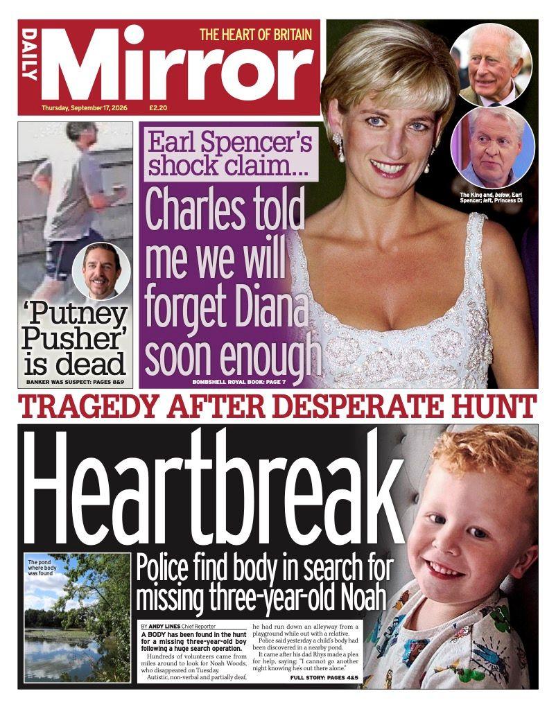 The headline on the front page of the Daily Mirror reads: 'Heartbreak.'
