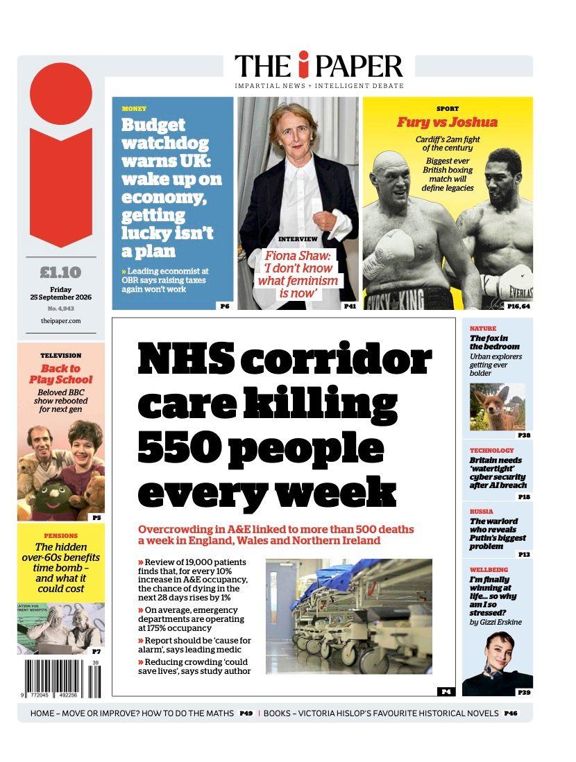 The headline on the front page of the i Paper reads: “NHS corridor care killing 550 people every week”.