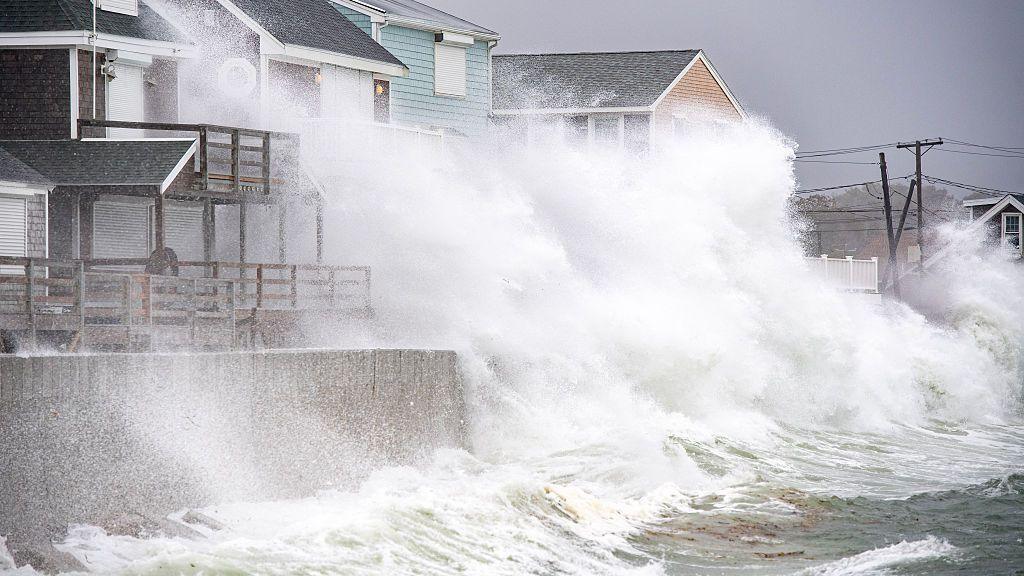 Waves pound the coast as the tide comes in during a Nor'Easter storm in Scituate, Massachusetts on September 26, 2026.