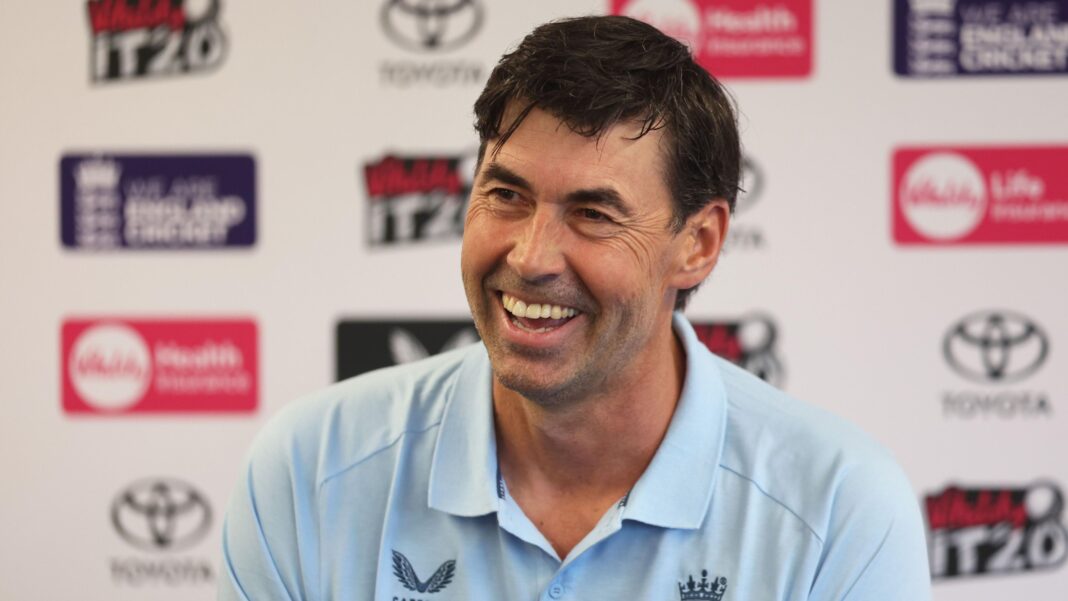 England Test coach Stephan Fleming smiles during a press conference