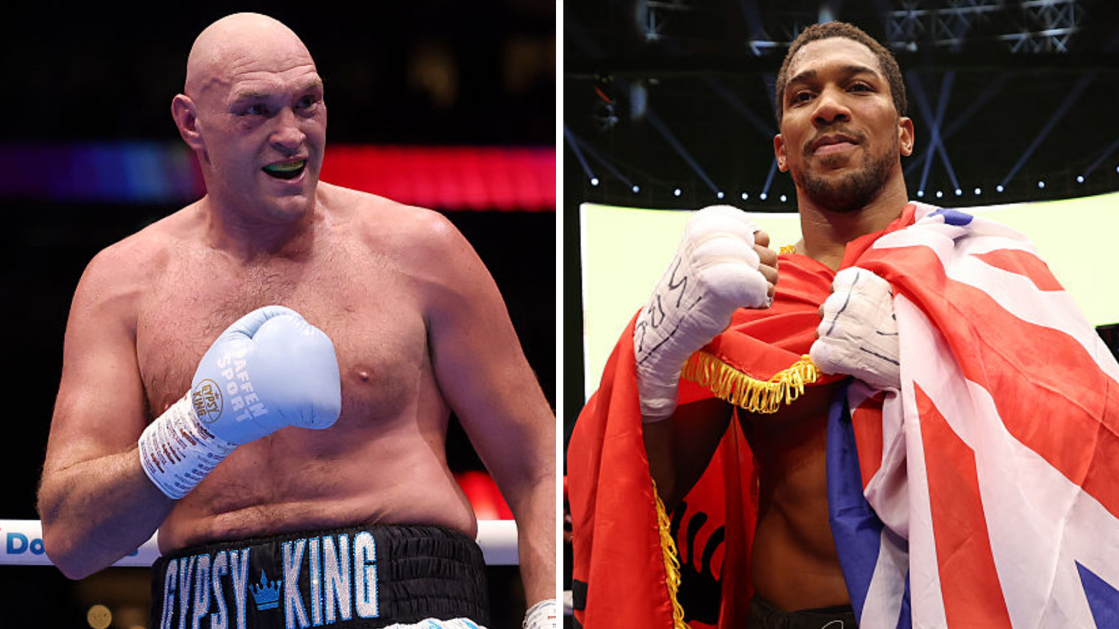 Tyson Fury and Anthony Joshua (right), draped in a Union flag