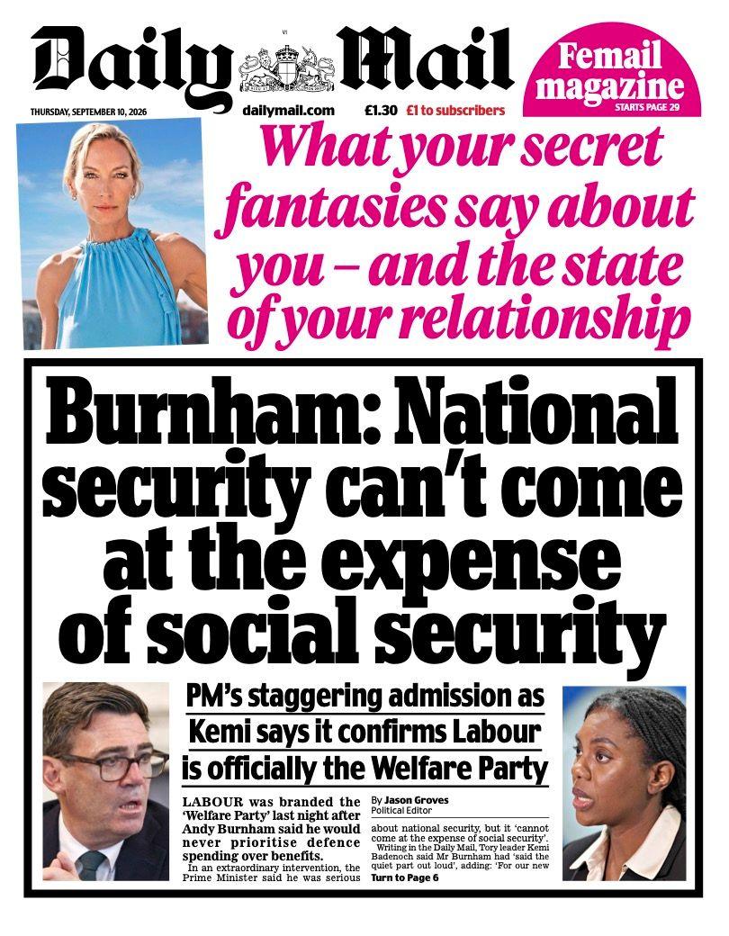 The front page headline of the Daily Mail reads: "Burnham: National security can't come at the expense of social security"