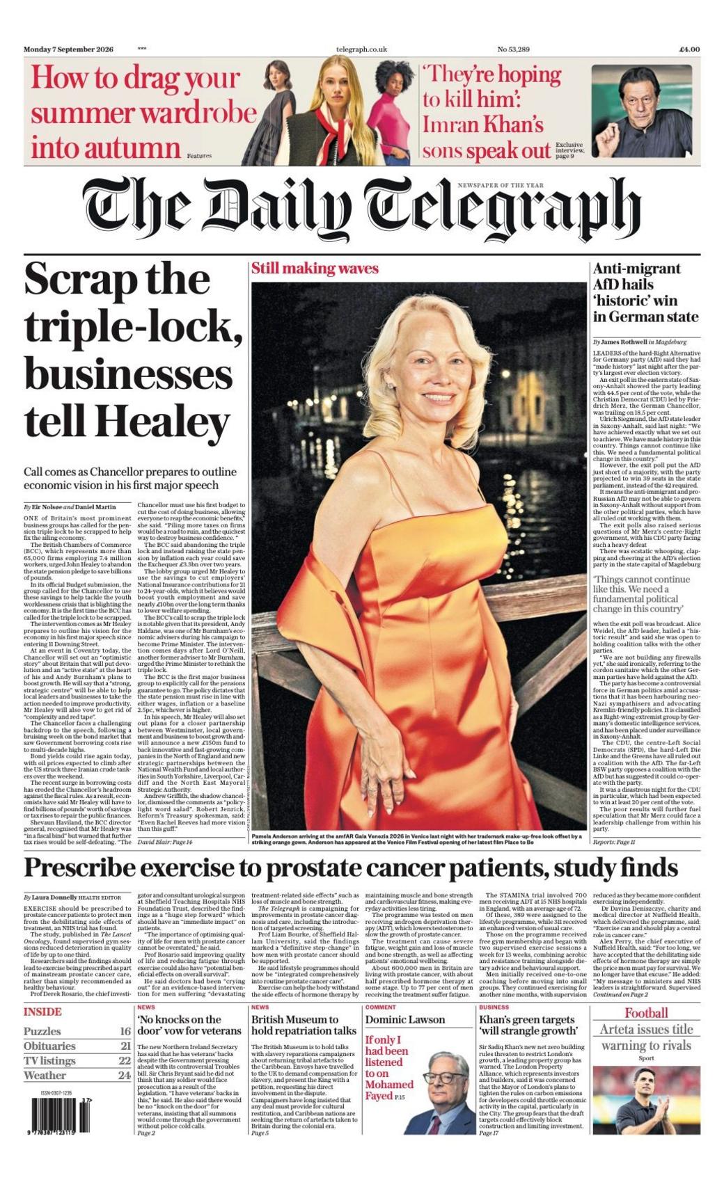 "Scrap the triple-lock, businesses tell Healey" reads the headline on the front page of the Daily Telegraph.