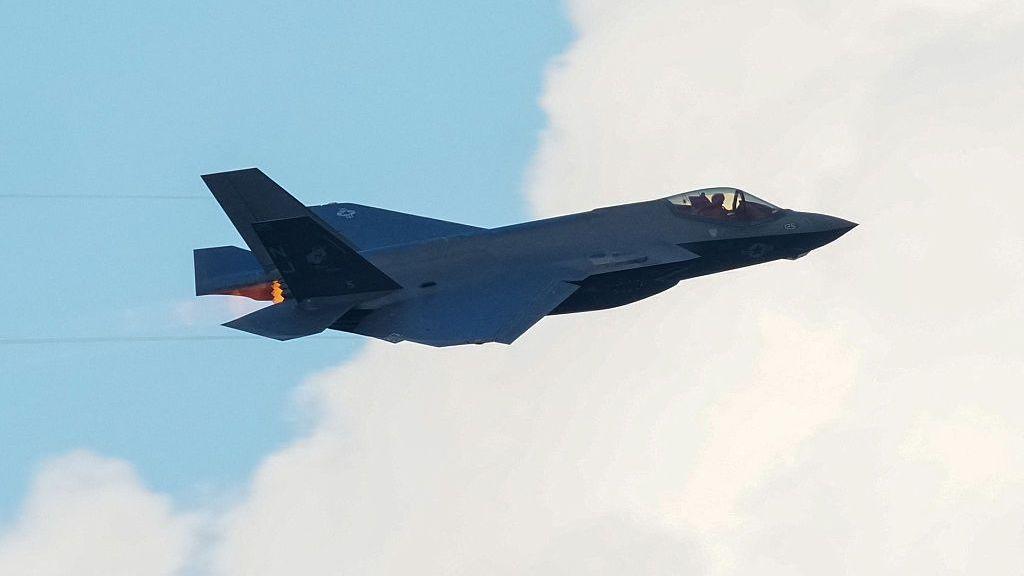 A US Air Force F-35 fighter jet flies overhead during the "Salute to America" Independence Day celebration on the National Mall in Washington, DC, on July 4, 2026.