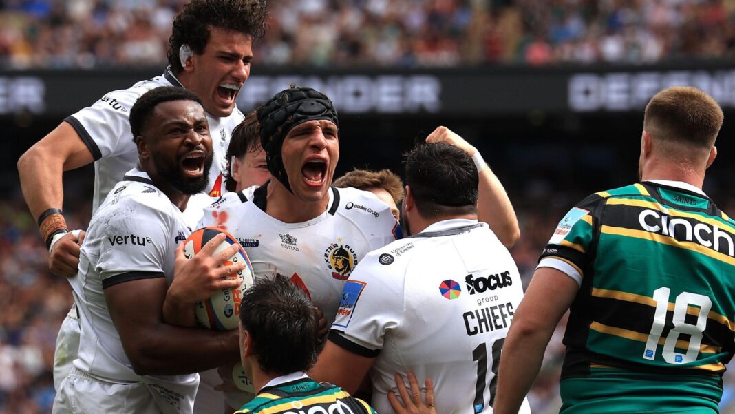 Exeter captain Dafydd Jenkins celebrates scoring a try in the Prem final at Twickenham