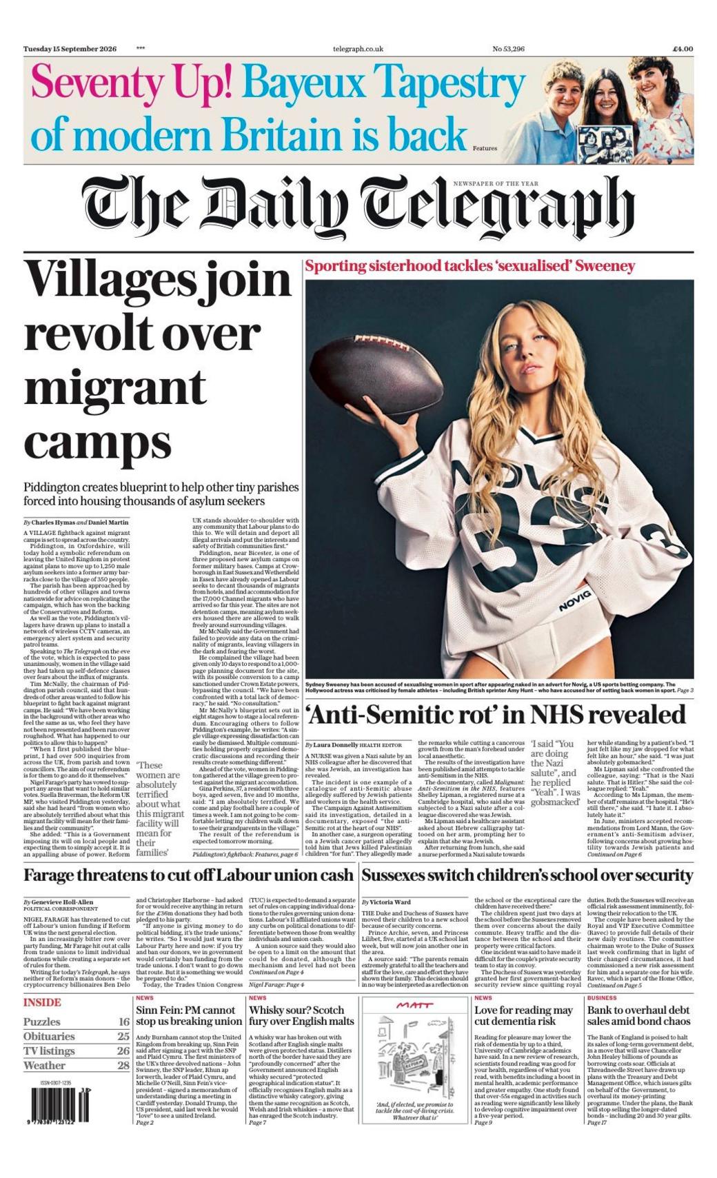 The headline on the front page of the Daily Telegraph reads: 'Villages join revolt over migrant camps.'