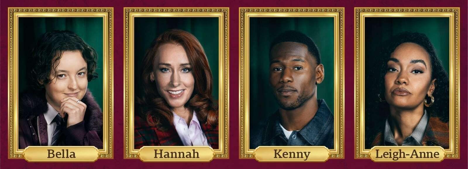 From left to right, portraits similar in style to those used in the Traitors programme of: Bella, Hannah, Kenny and Leigh-Anne