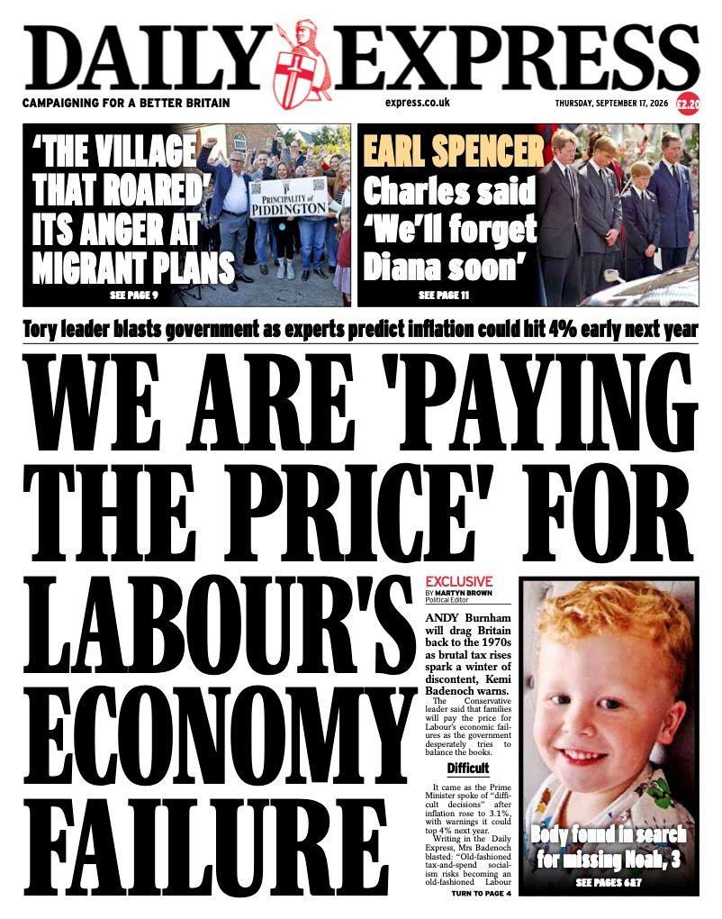 The headline on the front page of the Daily Express reads: 'We are "paying the price" for Labour's economy failure.'