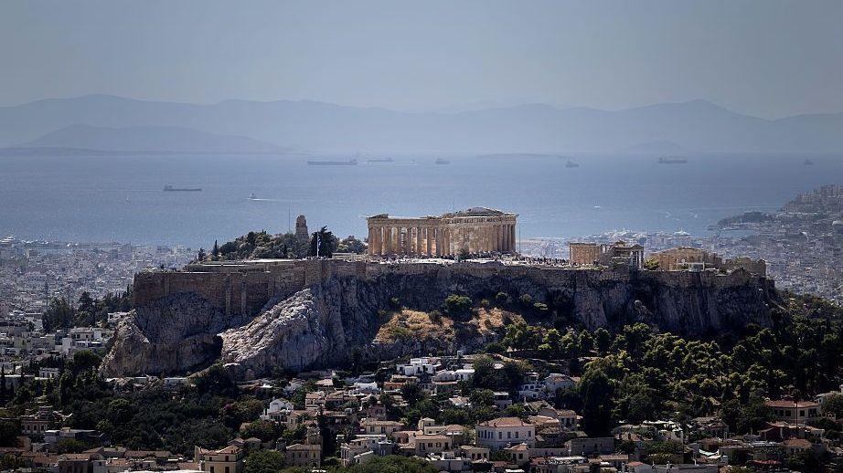 The Parthenon in Athens. The ancient structure is on a hill above the wider city
