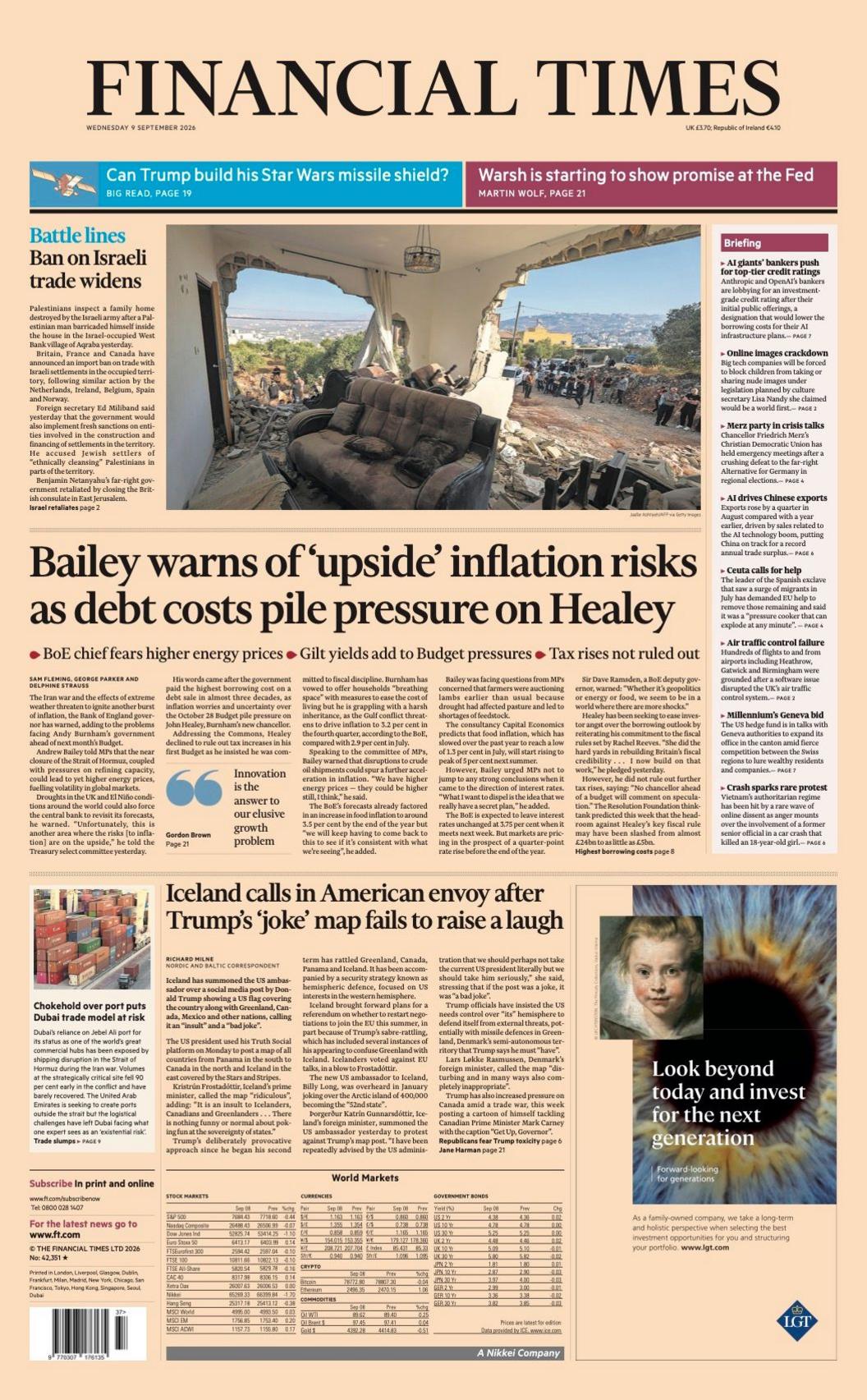 "Bailey warns of 'upside' inflation risks as debt costs pile pressure on Healey" reads the headline on the front page of the Financial Times.
