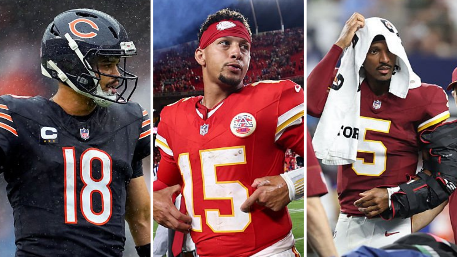 Caleb Williams, Patrick Mahomes and Jayden Daniels in action in week two of the NFL