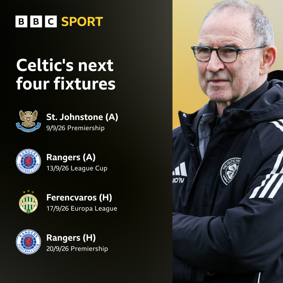 Graphic: Celtic's next four fixtures are an away game against St Johnstone on 9 September, an away game against Rangers on 13 September, a home game against Ferencvaros on 17 September and a home game against Rangers on 20 September.