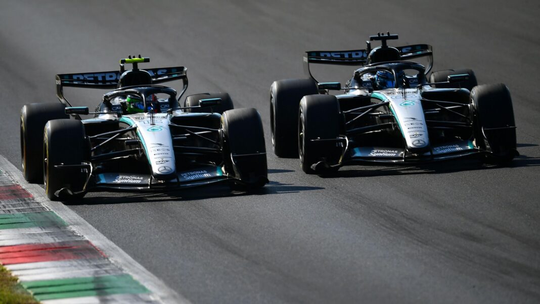 Mercedes' Kimi Antonelli and George Russell side by side while battling for the lead during the Italian Grand Prix