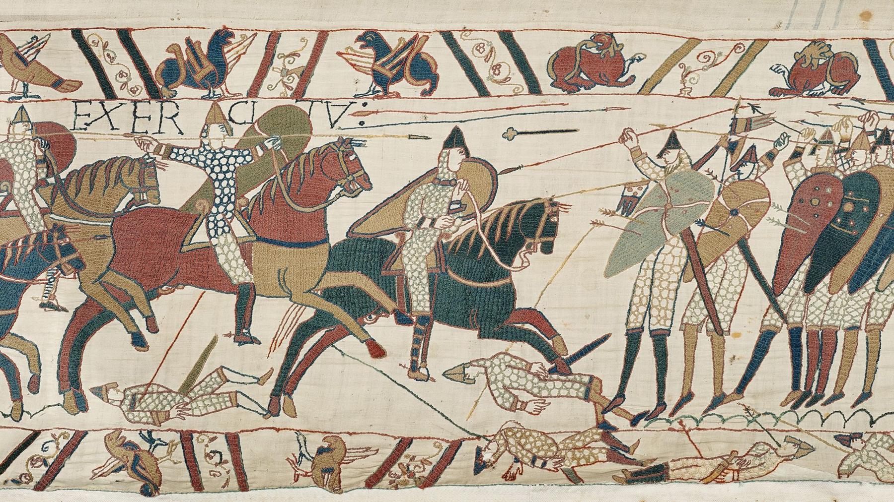A section of the Bayeux Tapestry showing men riding horses and arrows being fired
