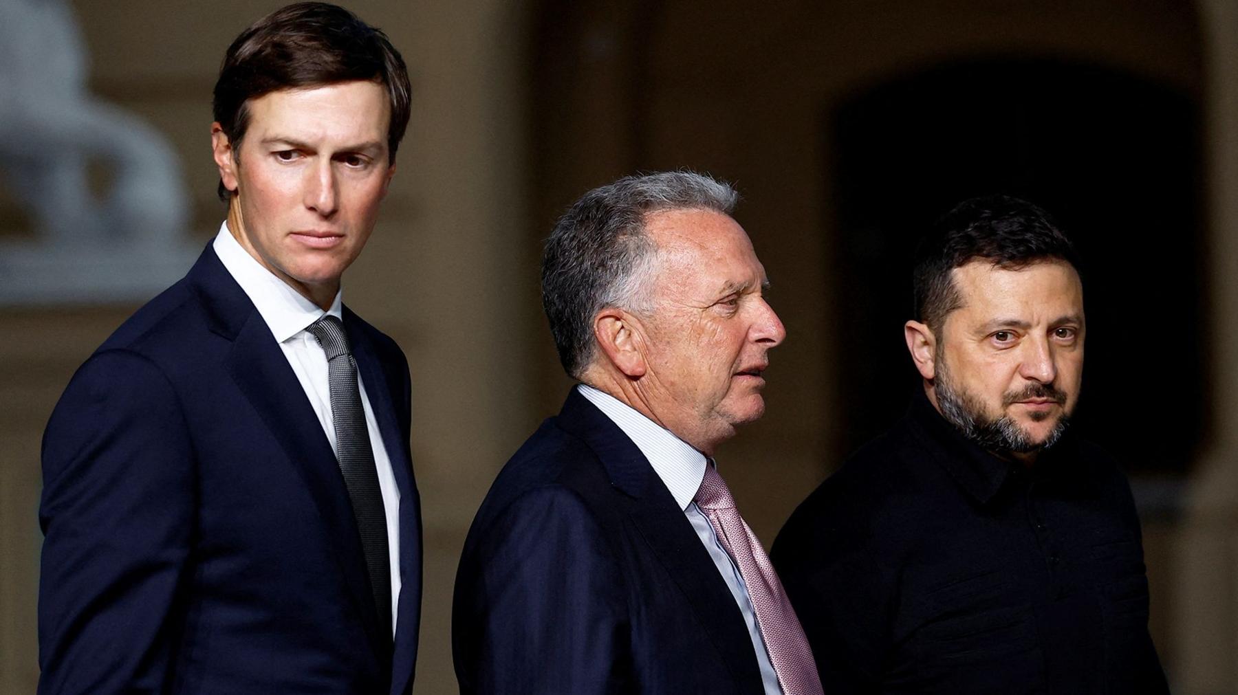 Ukraine's President Volodymyr Zelenskiy, U.S. Special Envoy Steve Witkoff and Jared Kushner, U.S. President Donald Trump's son-in-law, after a joint news conference,