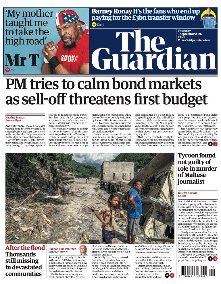 The headline on the front page of the Guardian reads: “PM tried to calm bond markets as sell-off threatens first budget”.