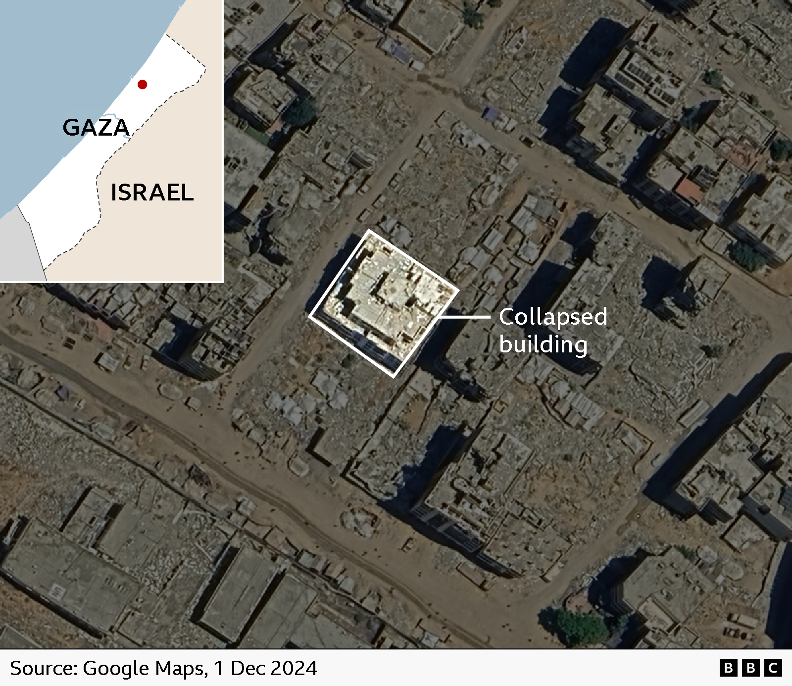 Satellite image showing the collapsed building in Gaza City (1 December 2024)