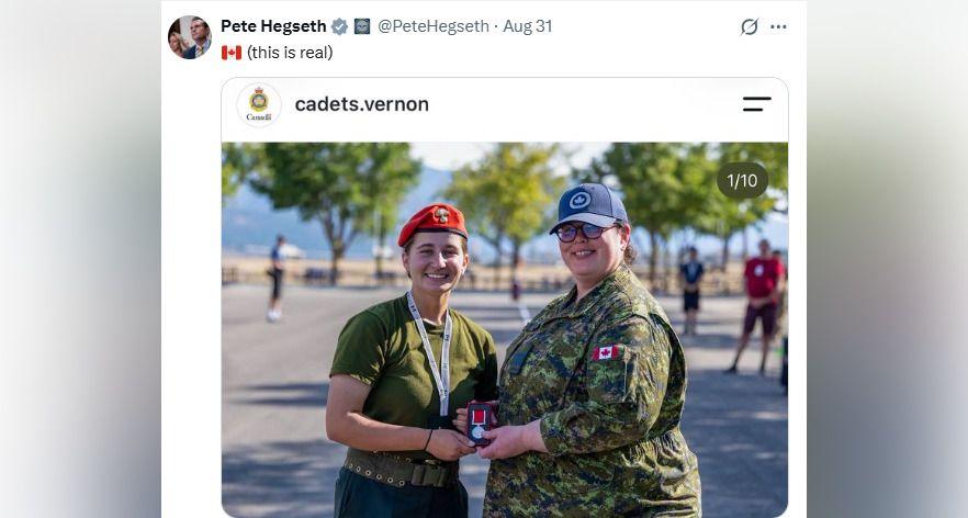 A screenshot of a post on X that reposts a  picture of two women smiling a camera, holding a medal between them. The woman on the right wears a peaked cap and camouflage with a Canadian flag on her shoulder, the other woman wears a red beret and a green top