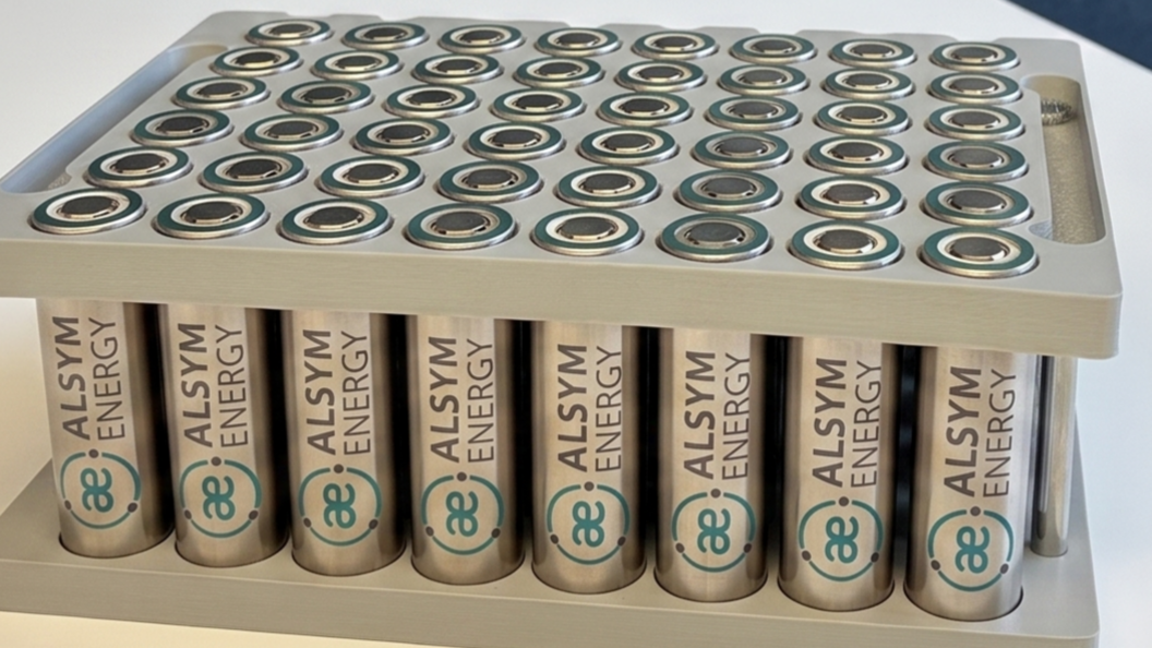 48 Alsym Energy batteries, which look a bit like regular AA batteries, are assembled in an eight by six grid.
