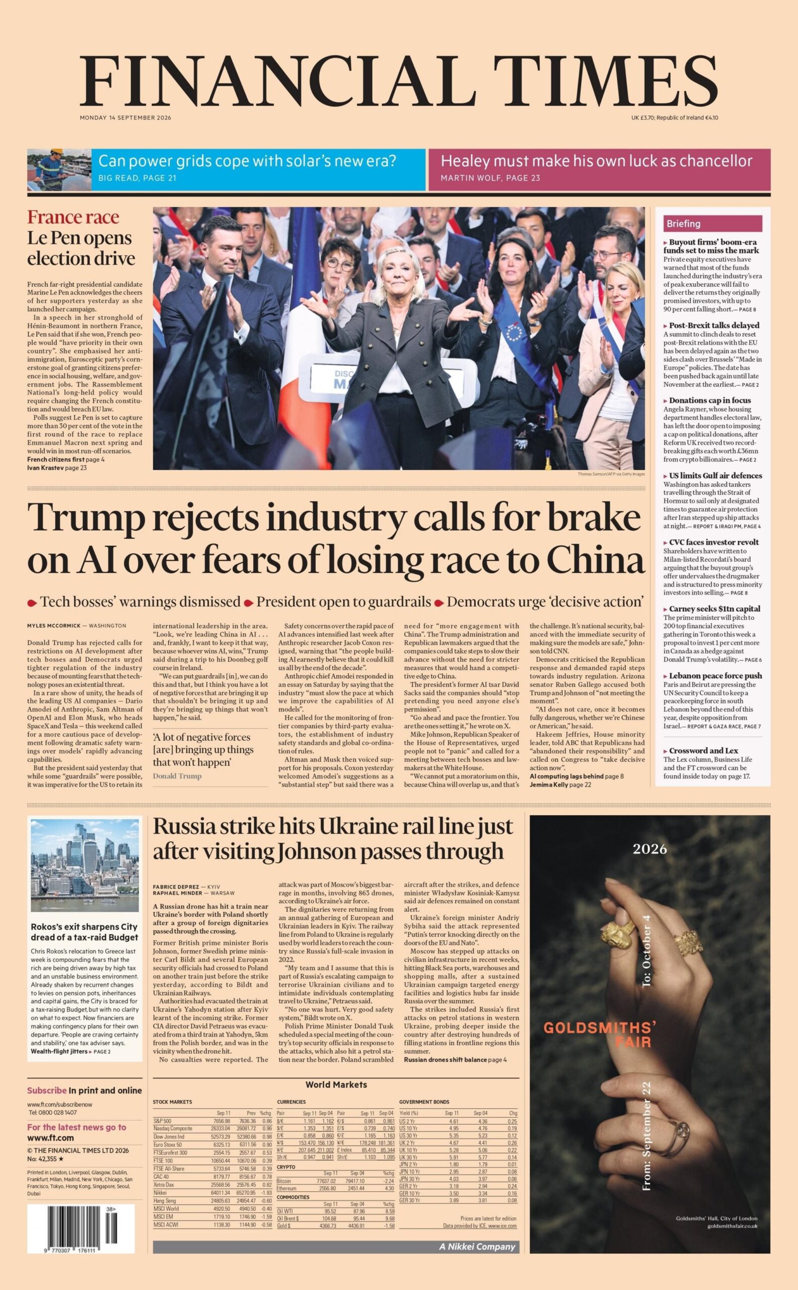 "Trump rejects industry calls for brake on Al over fears of losing race to China," reads the headline on the front page of the Financial Times.