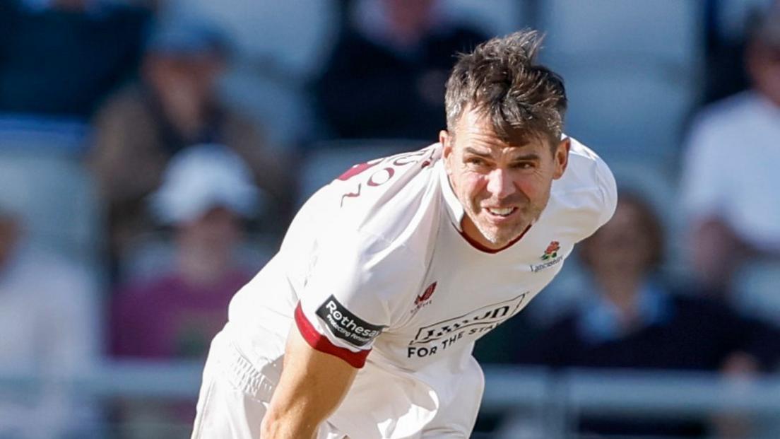 Jimmy Anderson at the end of a delivery for Lancashire