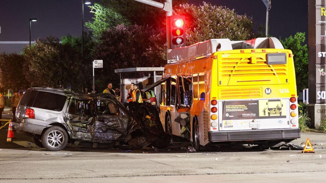 Three killed after LA news helicopter crashes while covering deadly bus collision A smashed up SUV sits next to a bus on the street at the scene of the crash in Chatsworth.