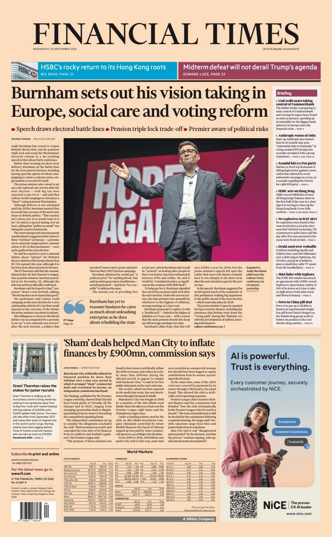 The headline on the front page of the Financial Times reads: "Burnham sets out his vision taking in Europe, social care and voting reform".