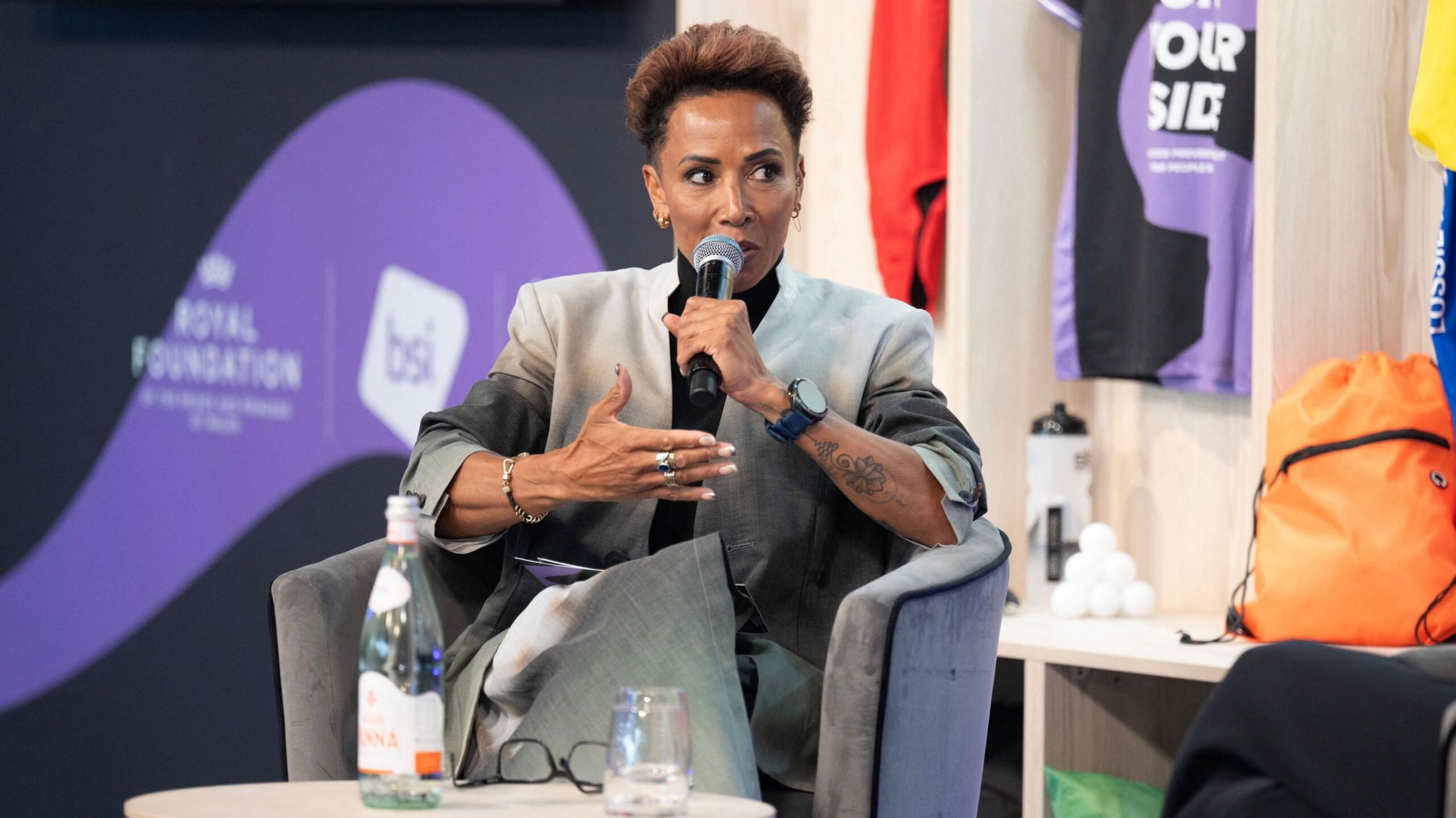 Kelly Holmes speaking at the launch of a suicide prevention project in Liverpool