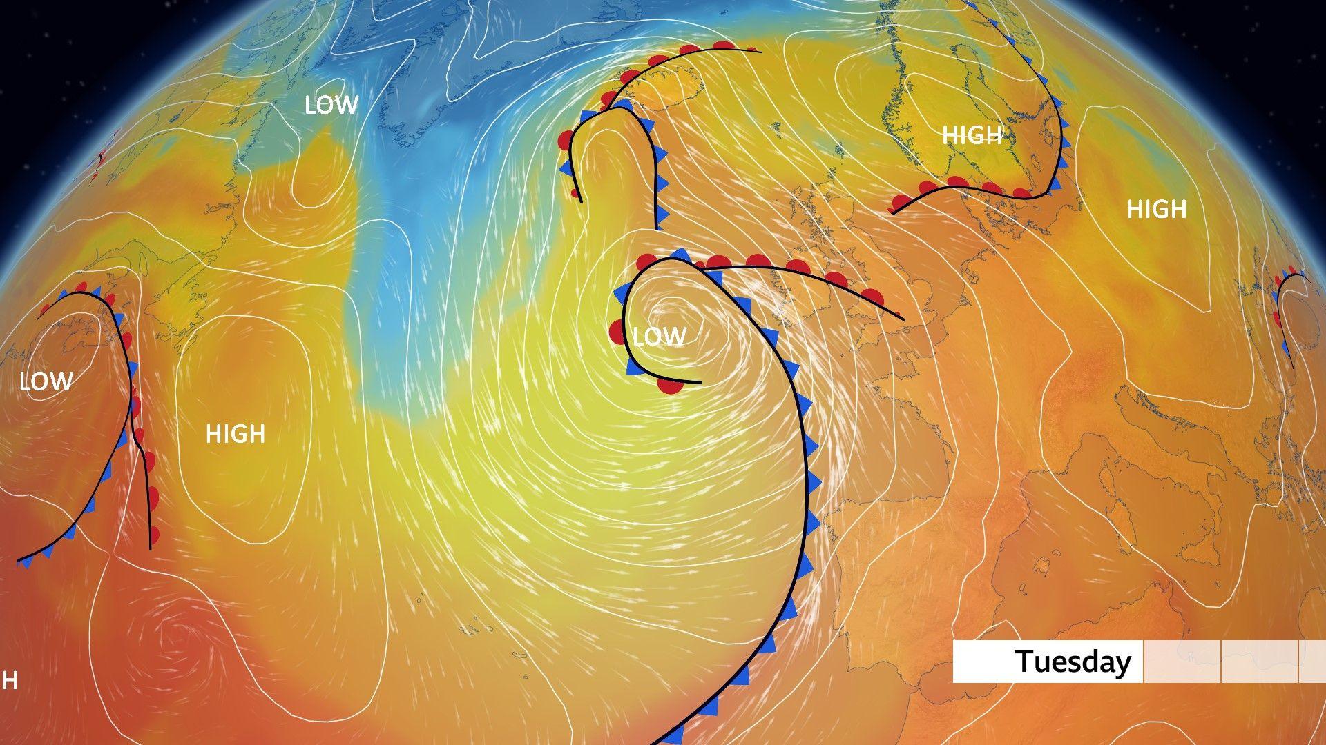 Map of Atlantic with colour scale to show the warmer air being draw up from Iberia and France on southerly winds.