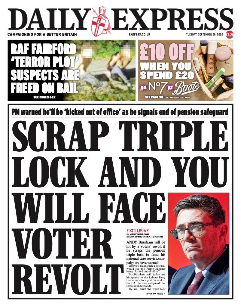 The headline on the front page of the Daily Express reads: “Scrap triple lock and you will face voter revolt”.
