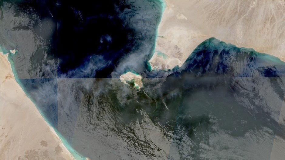 A satellite image shows the Bab el Mandeb Strait, a narrow shipping lane