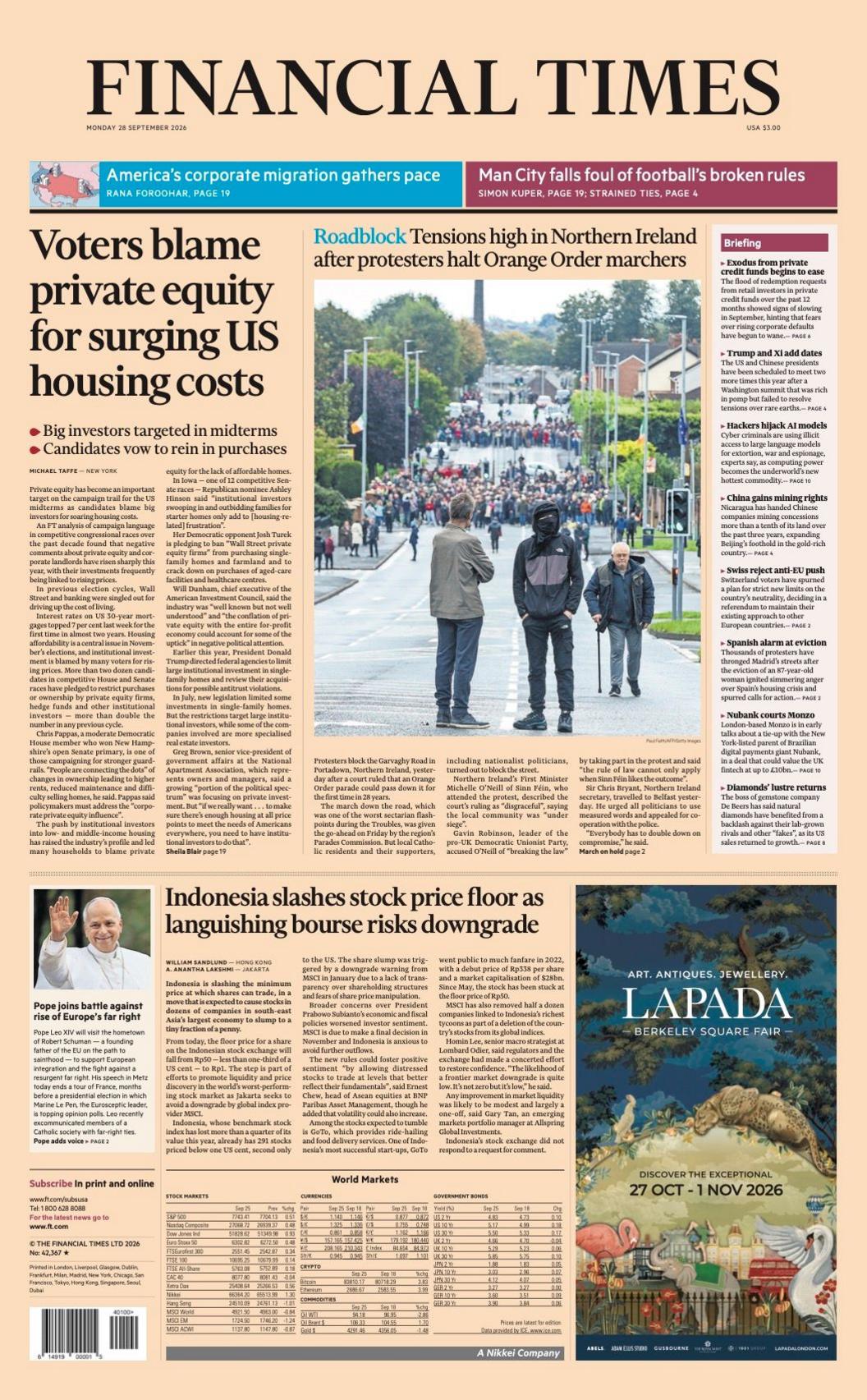 The headline on the front page of the Financial Times reads: “Voters blame private equity for surging US housing costs”.