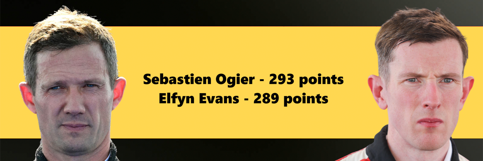 GraphicBBC graphic with images of Sebastien Ogier and Elfyn Evans and text showing Ogier won 293 points and Evans 289