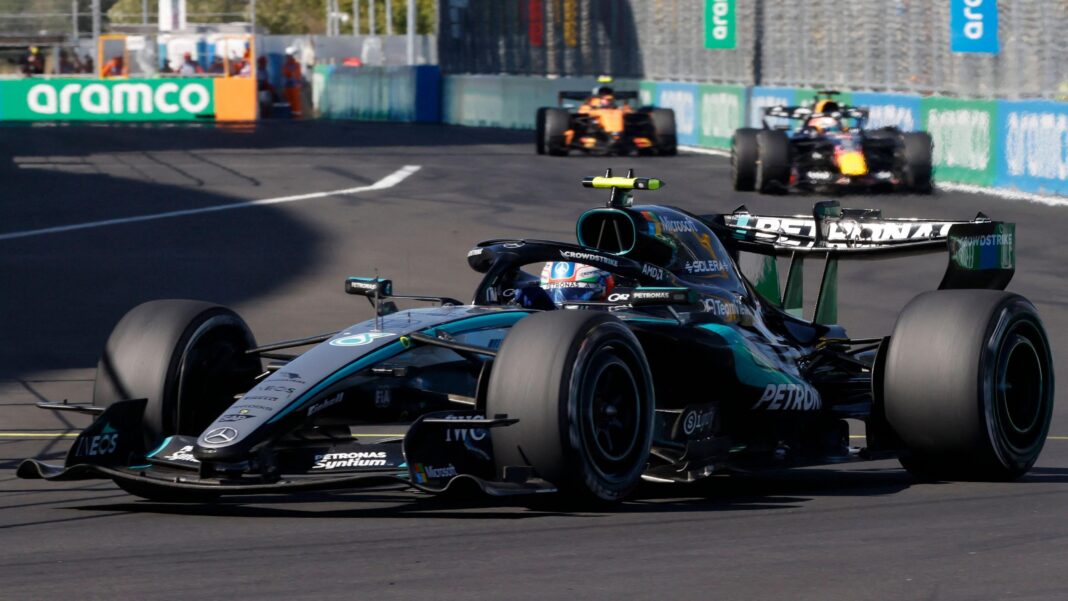 Kimi Antonelli ahead of Max Verstappen and Lando Norris during the Spanish Grand Prix