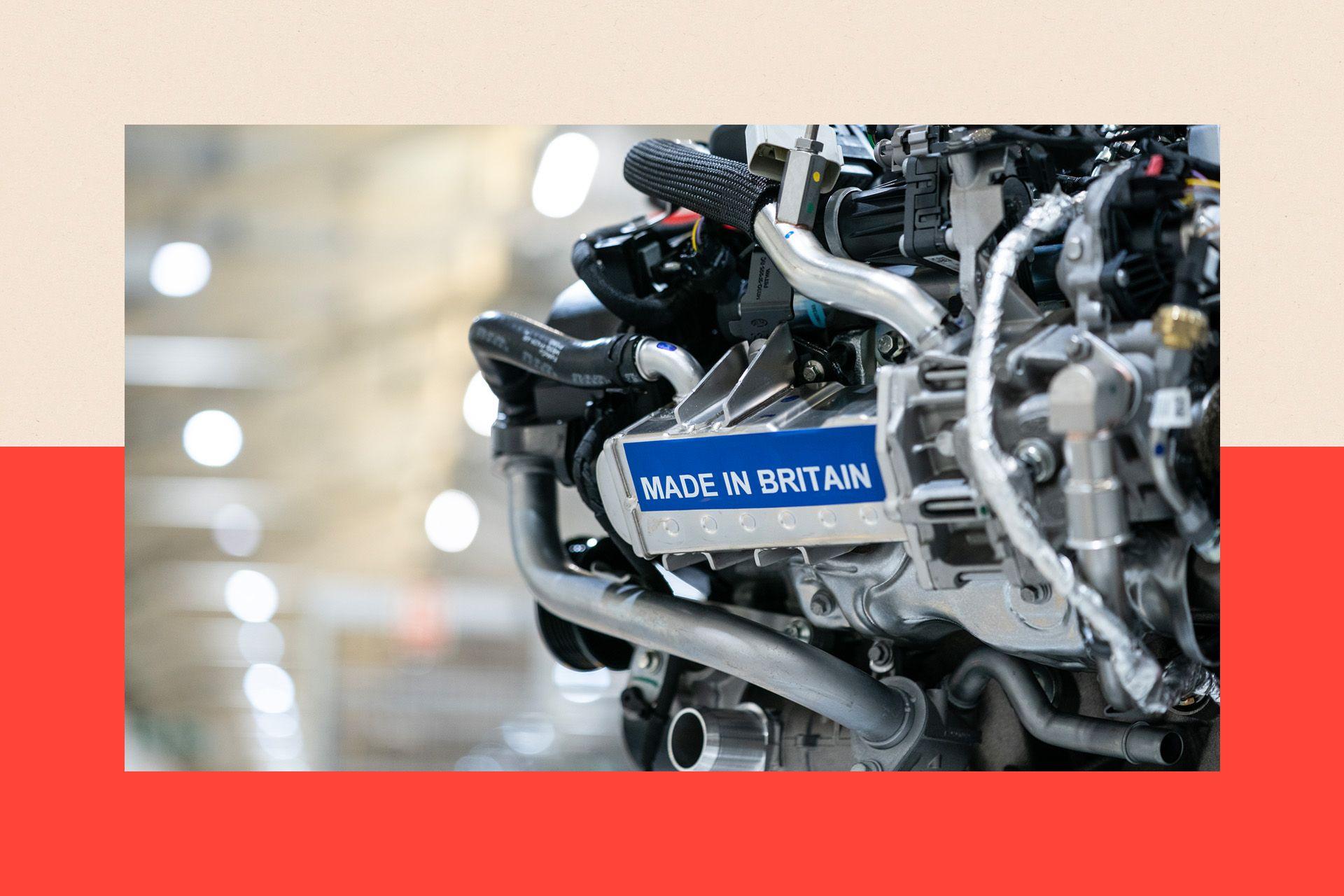 An engine at Ford's Dagenham plant. On it in white letters against a blue backdrop are the words "MADE IN BRITAIN".