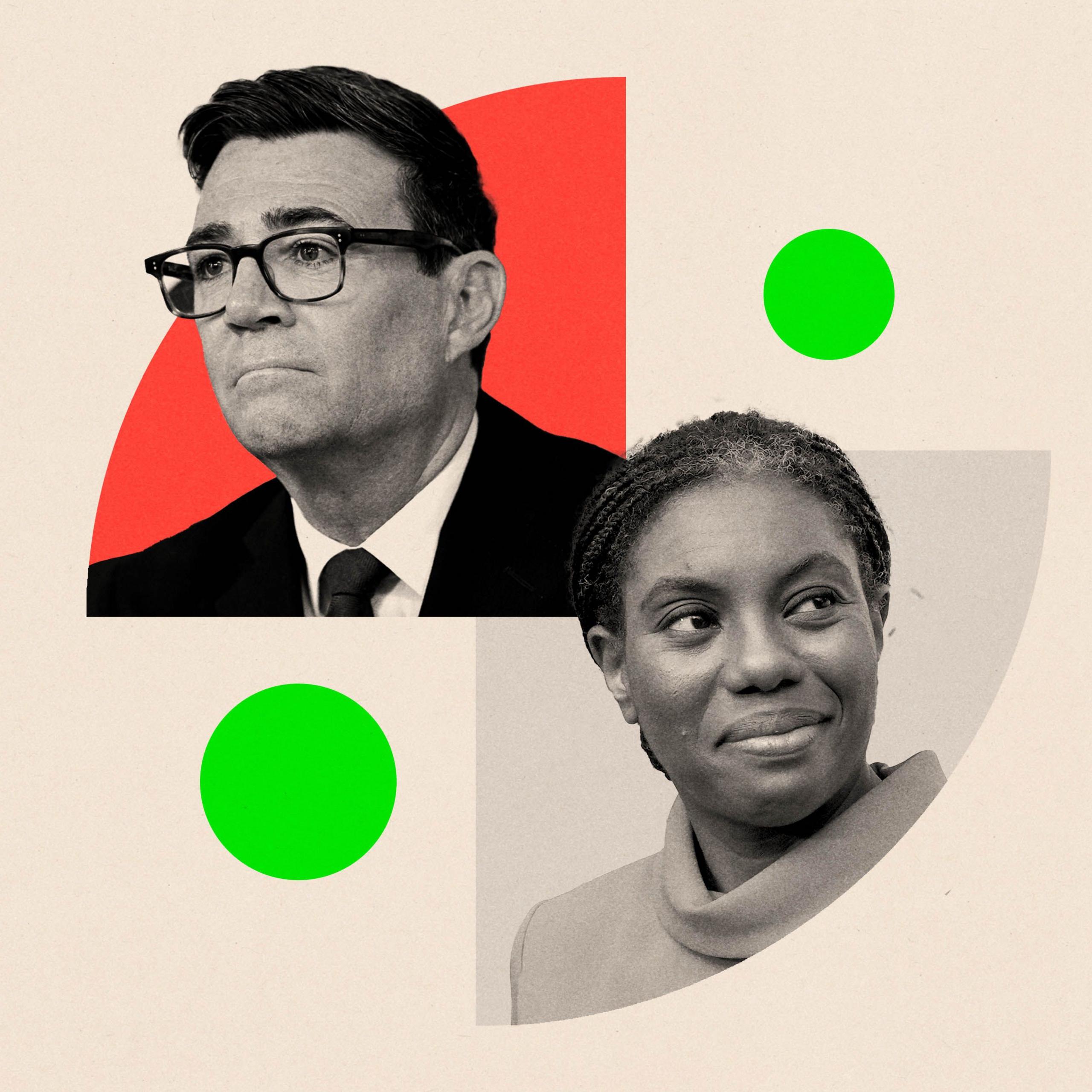 A treated collage of Kemi Badenoch and Andy Burnham close up