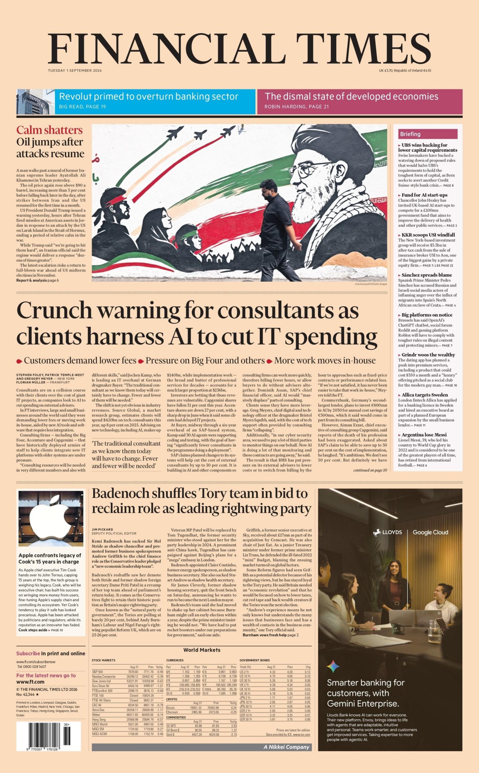 "Crunch warning for consultants as clients harness Al to cut IT spending," reads the headline on the front page of the Financial Times.