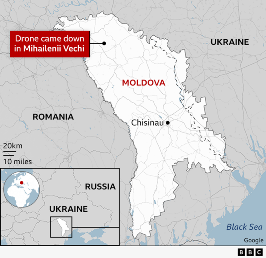 Russian drone incursion delays Zelensky flight Map of Moldova showing the location of Mihailenii Vechi near the country's north-western border with Romania. A callout marks the spot where a drone came down. The capital, Chisinau, is labelled in the south-central part of the country. Neighbouring Romania and Ukraine are shown, along with an inset map locating Moldova in eastern Europe near the Black Sea.