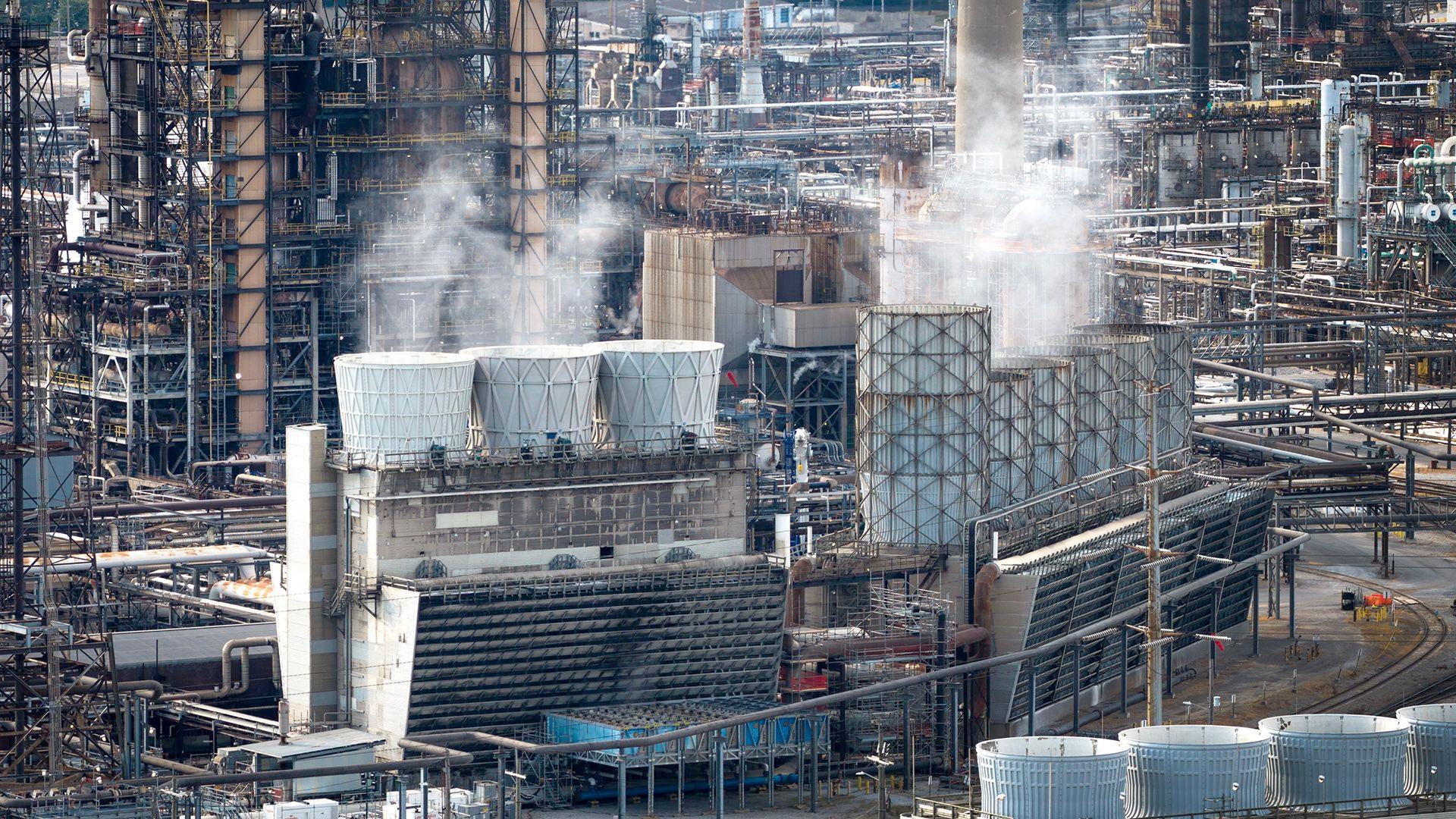 An aerial view shows vapour rising from a refinery at BP's largest crude oil processing facility in the world, taken in Indiana on 8 September.