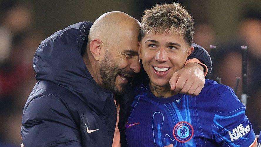 Enzo Maresca hugs Enzo Fernandez during their time at Chelsea