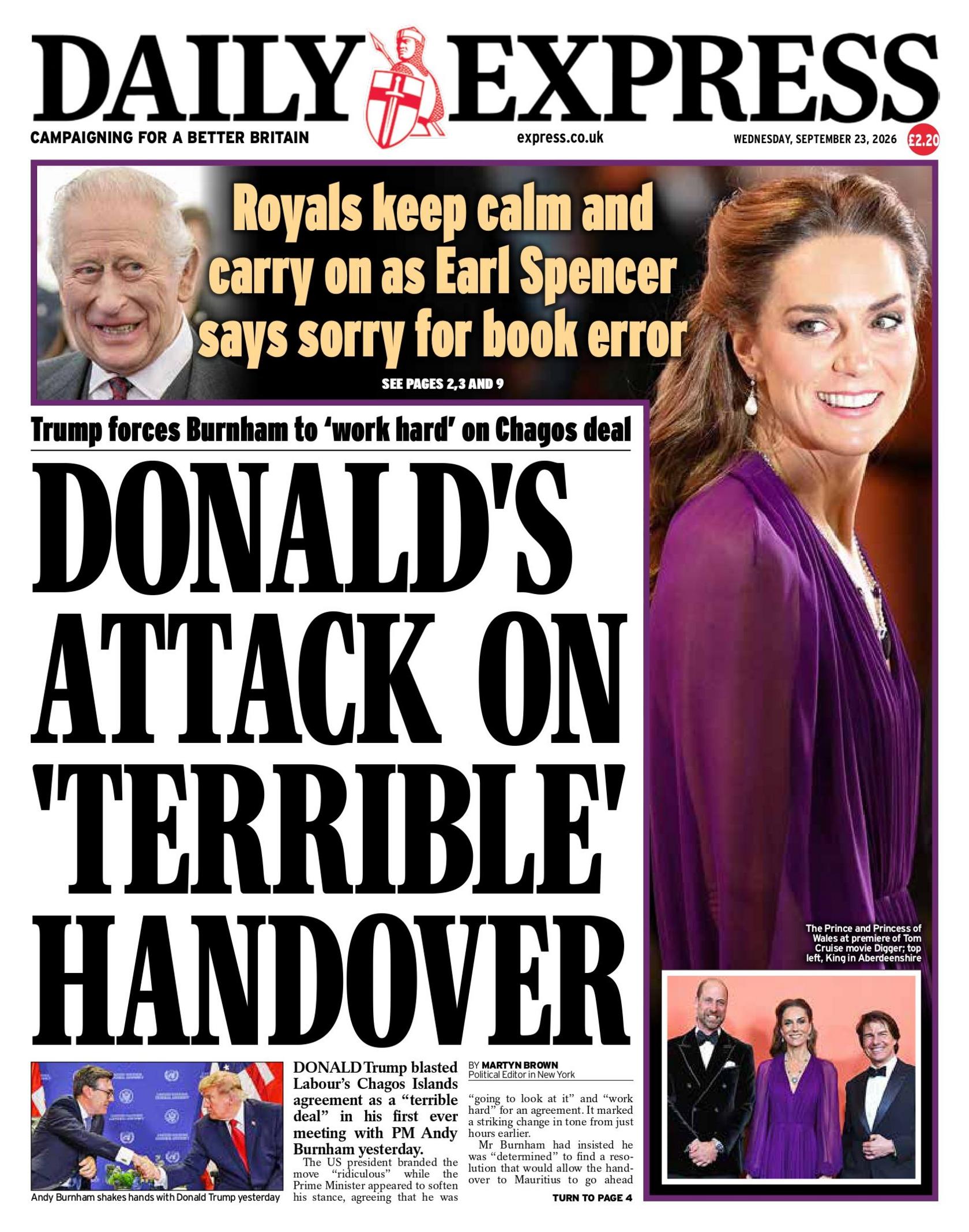 The headline on the front page of the Daily Express reads: "Donald's attack on 'terrible' handover".