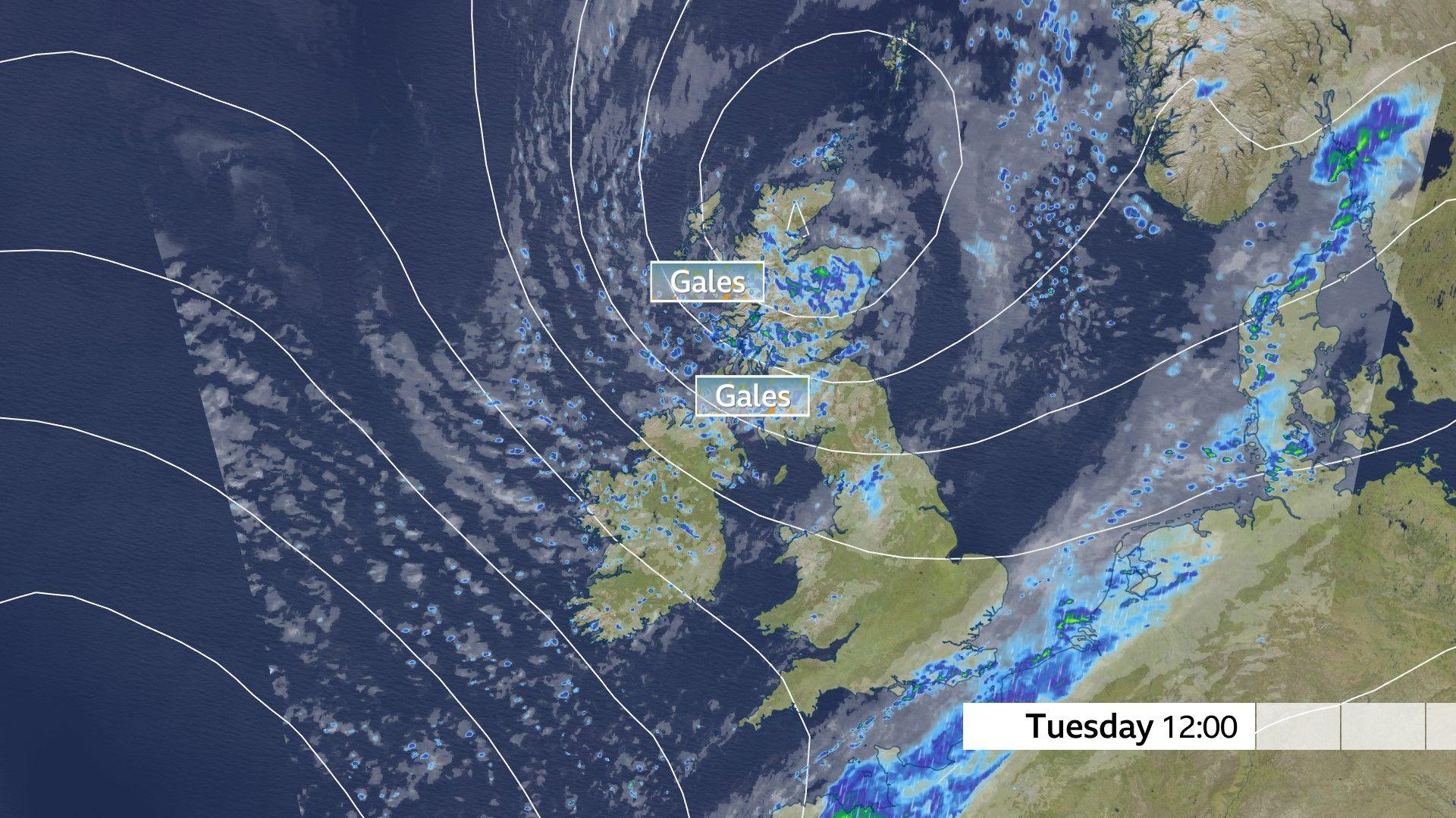 Radar and pressure map of UK for weather at 12:00 on Tuesday. It depicts strong winds across the northern half of the UK and areas of rain across the south-east and showers across Scotland, Northern Ireland and northern England.
