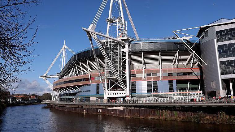 Outside view of Princiaplity Stadium next to River Taff